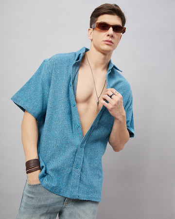 Chimpaaanzee Men Skyblue Oversized Fit Shirt