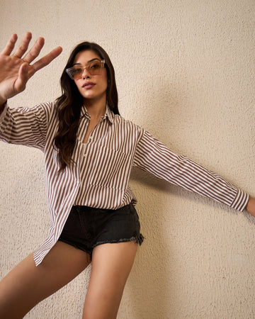Chimpaaanzee Women Brown & White Oversized Shirt