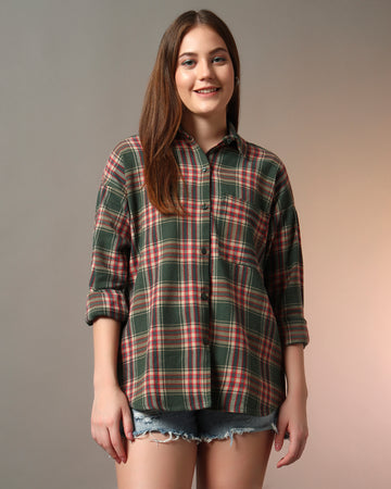 Chimpaaanzee Women Green & Beige Oversized Shirt