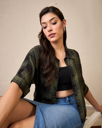 Chimpaaanzee Women Green & Black Crop Shirt