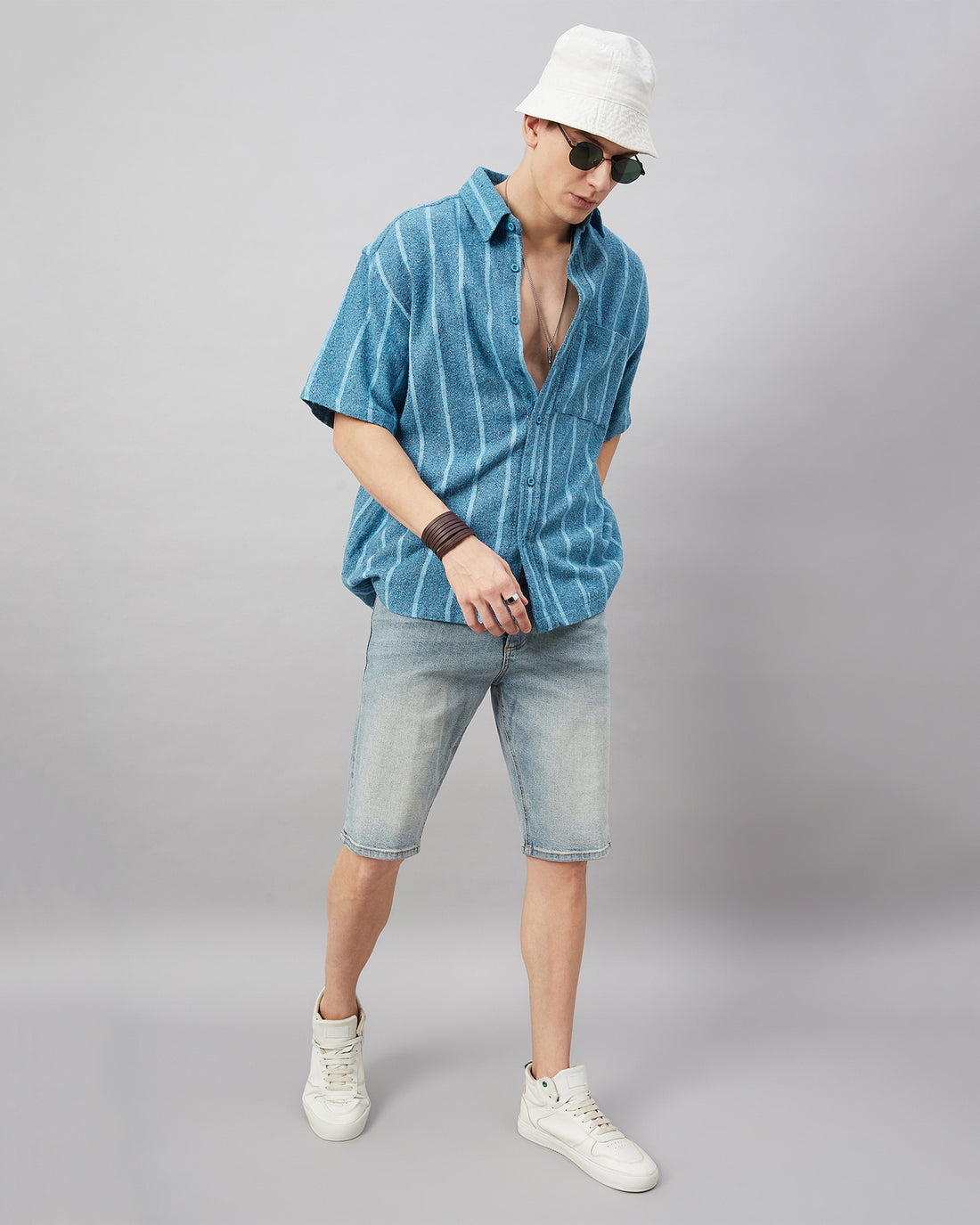 Chimpaaanzee Men Skyblue and White Oversized Fit Shirt
