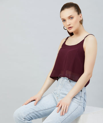 Chimpaaanzee Women Purple Georgette Noodle Strap Crop Top
