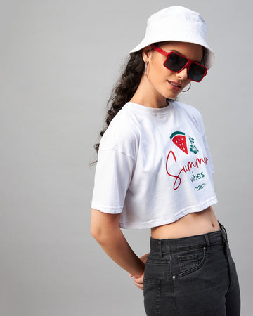 Chimpaaanzee Women White Typography Printed Loose Fit Crop T-shirt