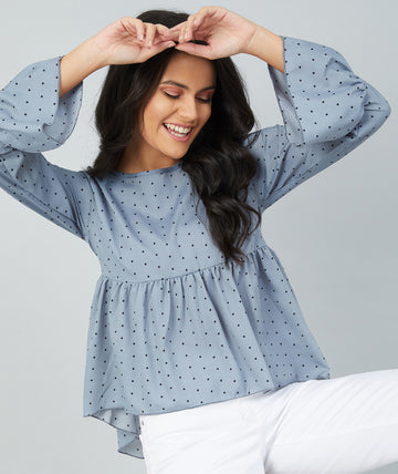 Chimpaaanzee women Grey Crepe Polka Doted Full Sleeve Top