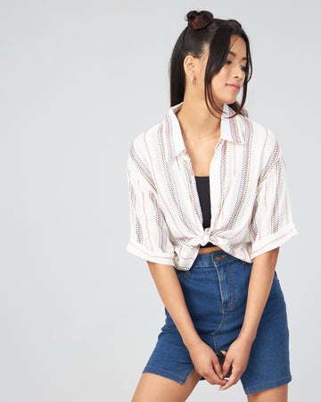Chimpaaanzee Women Viscose Blue & White Striped Loose Fit Crop Shirt