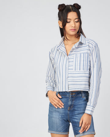 Chimpaaanzee Women Viscose Blue & White Striped Full Sleeve drop Shoulder Crop Shirt