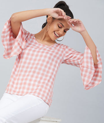 Chimpaaanzee Women Pink and White Checks Bell Knot Sleeve top