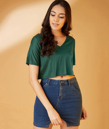 Chimpaaanzee Women V-Neck Cropped Green Tee