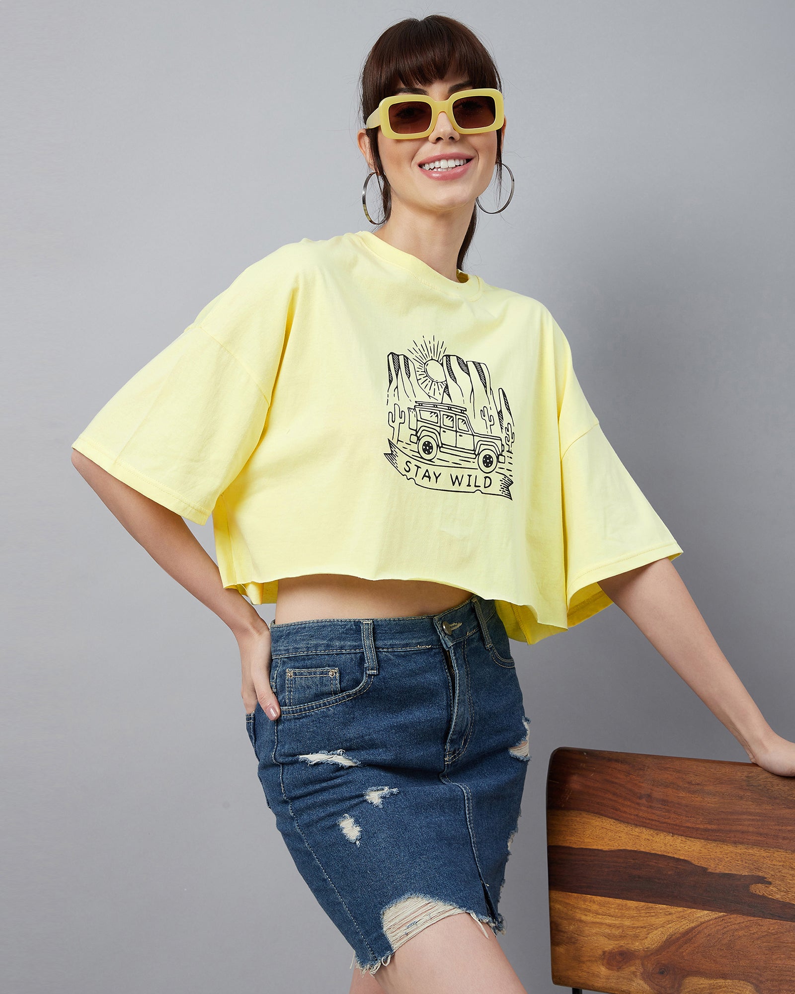 Chimpaaanzee Women Light Yellow Typographic Oversized Crop T-shirt