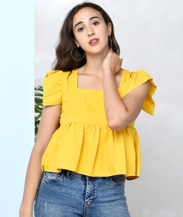 Chimpaaanzee Women Mustard Solid Ruffled Style Top