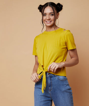 Chimpaaanzee Women Cut Out Neck Front Knot Top Yellow