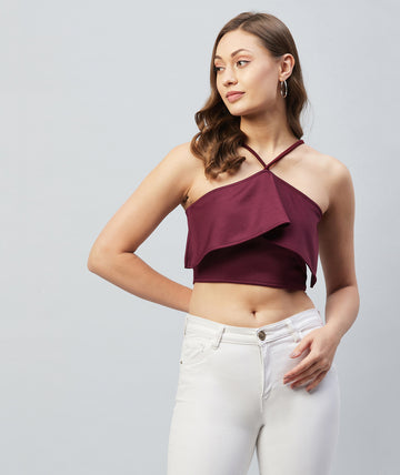 Chimpaaanzee Women Maroon Solid Ruffled Crop Top
