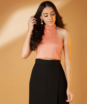 Chimpaaanzee Women Choker Neck Bodycon Peach Top
