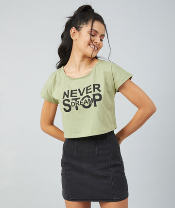 Chimpaaanzee Women Olive green Round Neck Crop T-shirt