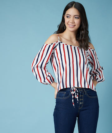 Chimpaaanzee Women Cold Shoulder Striped Multicolor Top