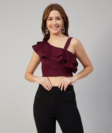 Chimpaaanzee Women Maroon Solid Ruffled Crop Top