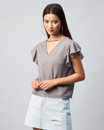 Chimpaaanzee Women Crepe Grey Polka Dotted Ruffled Top