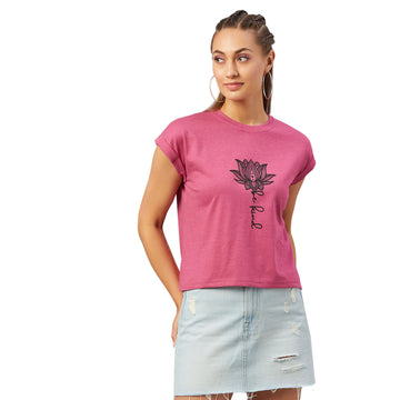Chimpaaanzee Women Pink Folded Sleeve Round Neck T-shirt