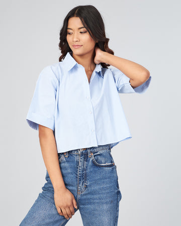 Chimpaaanzee Women Viscose Blue Checkered Loose Fit Crop Shirt