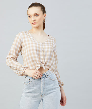 Chimpaaanzee Women Beige Checkered Viscose Knotted Top
