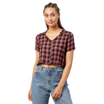 Chimpaaanzee Women Pink and Black Checkered Viscose Crop Shirt
