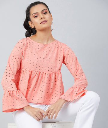 Chimpaaanzee women Peach Crepe Polka Doted Full Sleeve Top