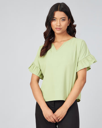 Chimpaaanzee Women Green Solid V-Round Ruffled Sleeve Top