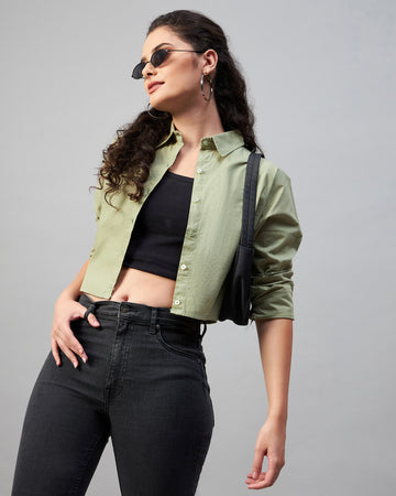 Chimpaaanzee Women Cotton Green Solid Full Sleeve Drop Shoulder Crop Shirt