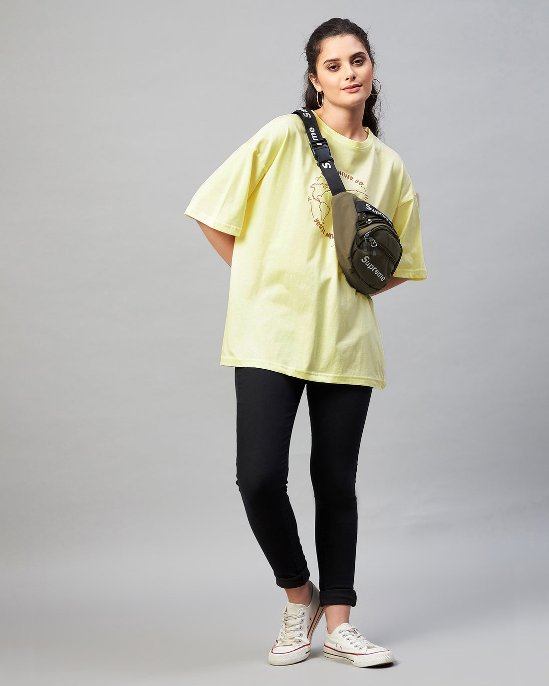 Chimpaaanzee Women Light Yellow Typography Printed Oversize Fit Long T-shirt