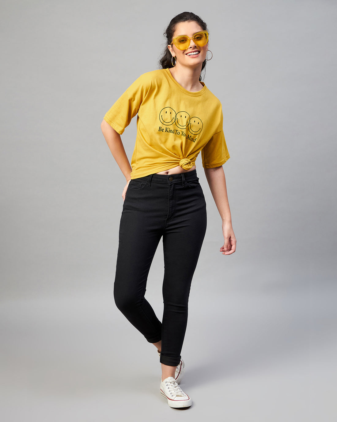 Chimpaaanzee Women Yellow Typography Printed Half Sleeve Regular T-shirt