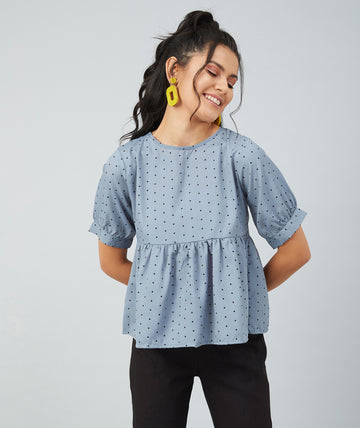 Chimpaaanzee women Grey Crepe Polka Doted Half Sleeve Style Top