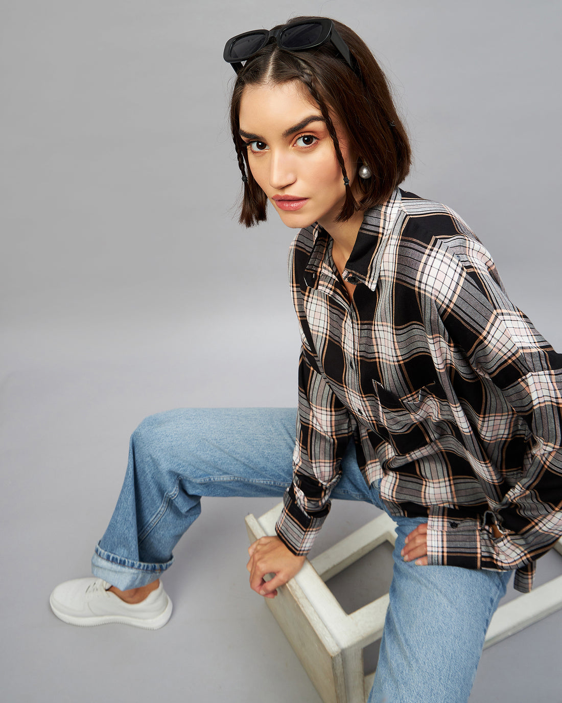 Chimpaaanzee Women Black & White Oversized Shirt
