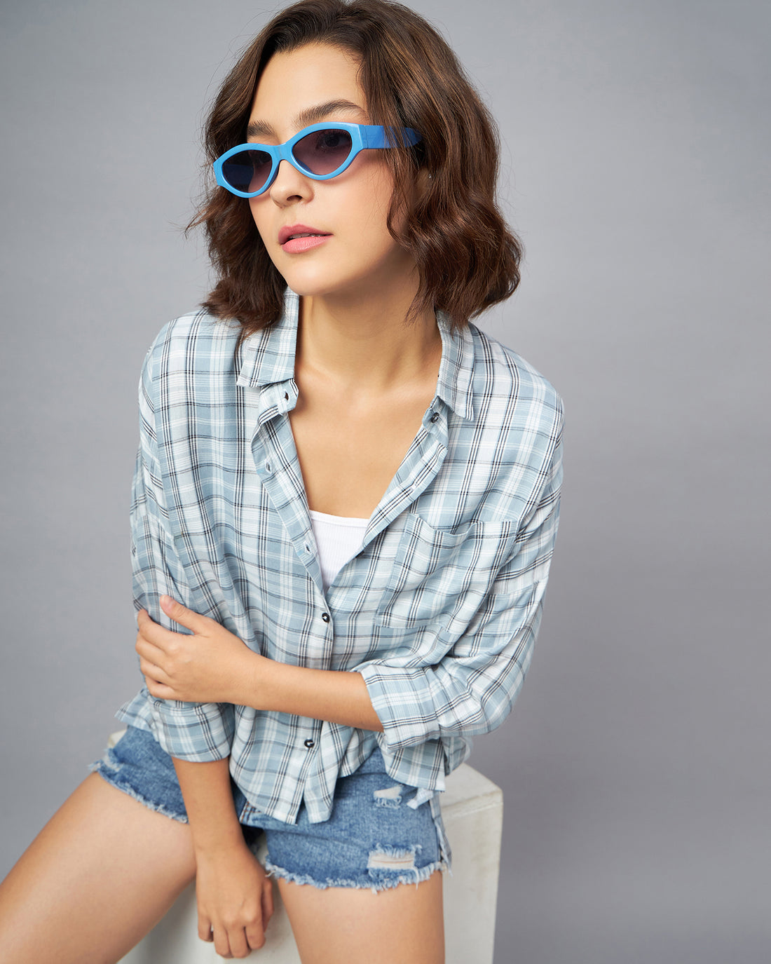 Chimpaaanzee Women Grey & Blue Oversized Shirt