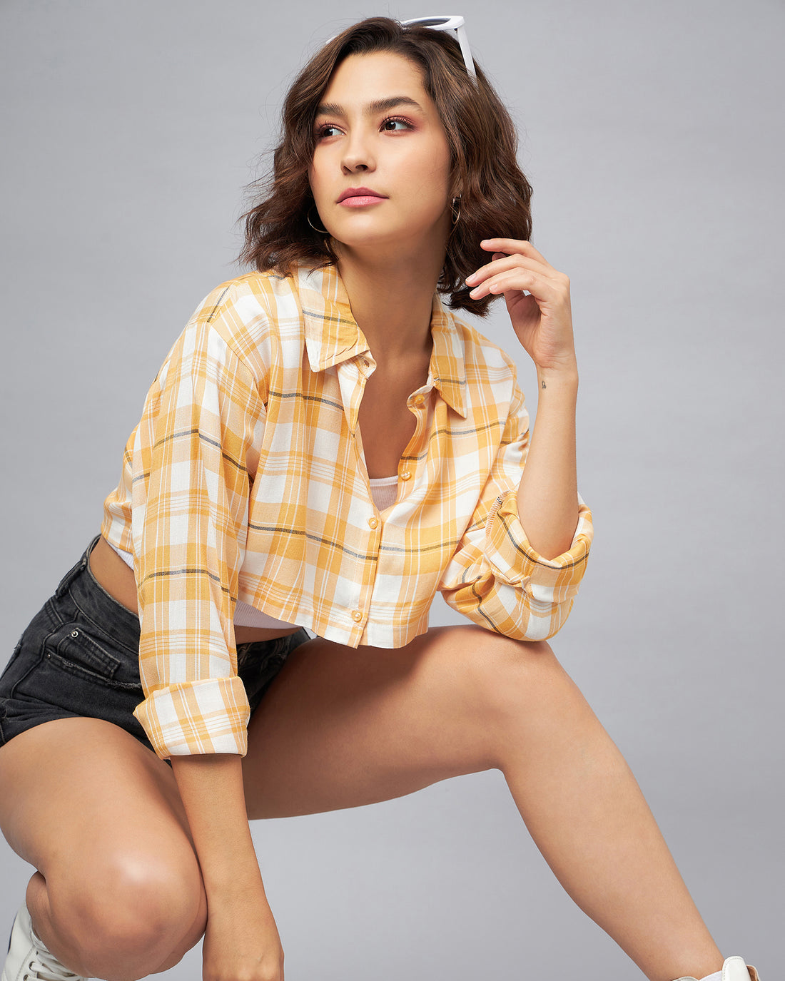 Chimpaaanzee Women Yellow & White Oversized Crop Shirt