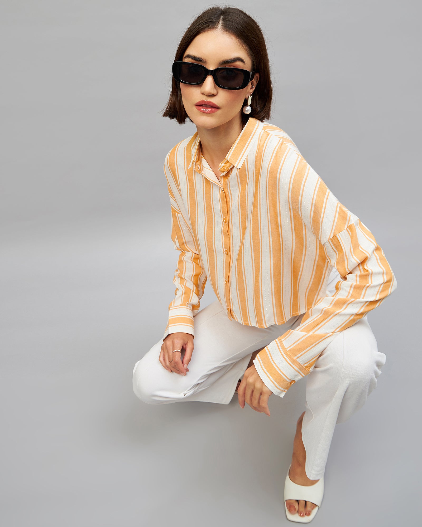 Chimpaaanzee Women Yellow & White Oversized Crop Shirt