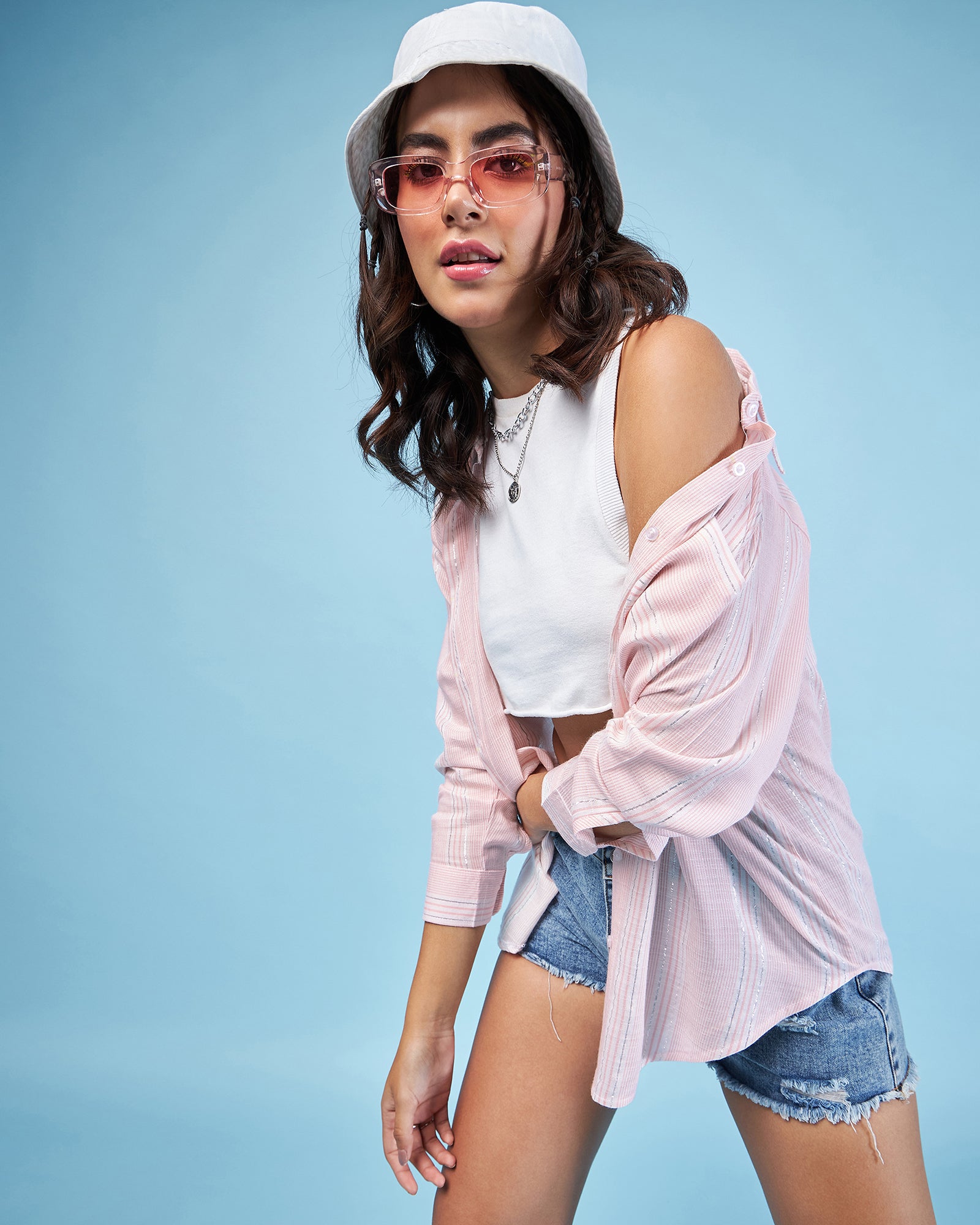 Chimpaaanzee Women Pink & White Oversized Shirt