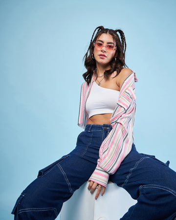 Chimpaaanzee Women Pink & Beige Crop Oversized Shirt