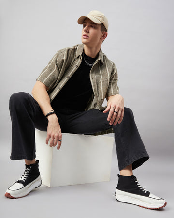 Chimpaaanzee Men Olive Green and White Oversized Fit Shirt