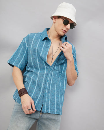 Chimpaaanzee Men Skyblue and White Oversized Fit Shirt