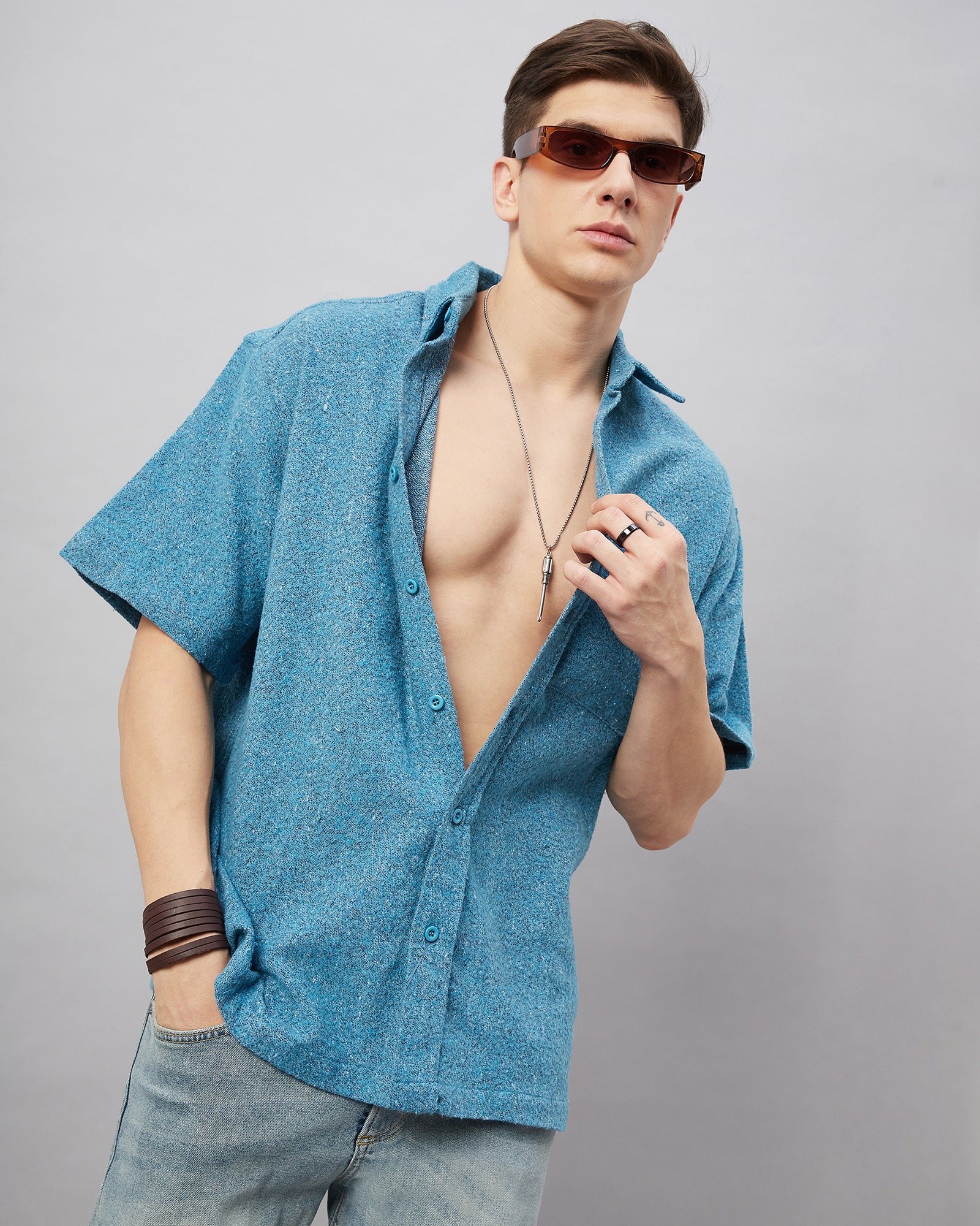 Chimpaaanzee Men Skyblue Oversized Fit Shirt