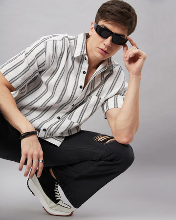 Chimpaaanzee Men White & Black Oversized Fit Shirt