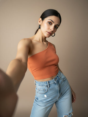 Chimpaaanzee Women One Shoulder Peach Top