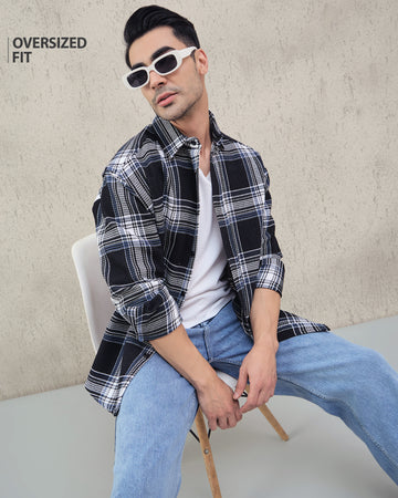 Chimpaaanzee Men Black & White Oversized Fit Shirt