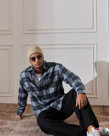 Chimpaaanzee Men Navy & Grey Oversized Fit Shirt