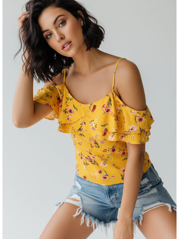 Chimpaaanzee Women Cold Shoulder Yellow Top