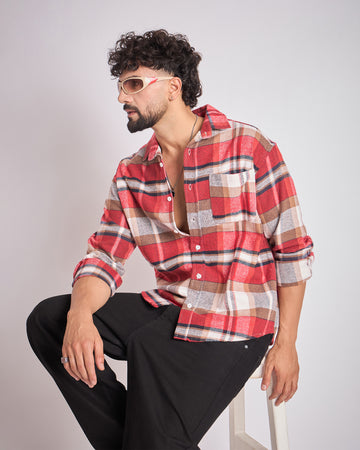 Chimpaaanzee Men Red & Brown Oversized Fit Shirt