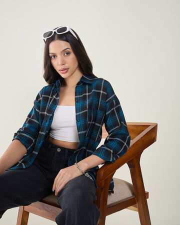 Chimpaaanzee Women Black & Tealblue Oversized Shirt