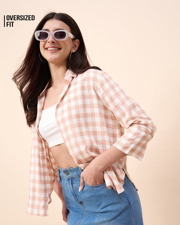 Chimpaaanzee Women Light Brown & White Oversized Shirt