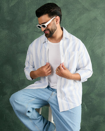 Chimpaaanzee Men White & Blue Oversized Fit Shirt