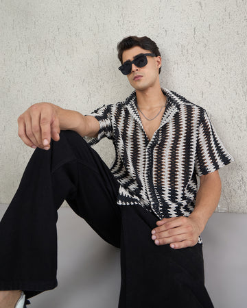 Chimpaaanzee Men Black & Beige Oversized Fit Shirt